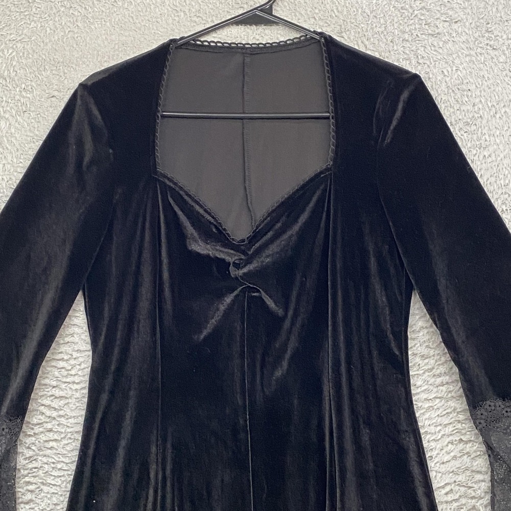 Gothic Velvet Dress Womens L Black Bell Sleeve Lace Ruffle Hem Mini Witchy Y2K - Picture 2 of 13